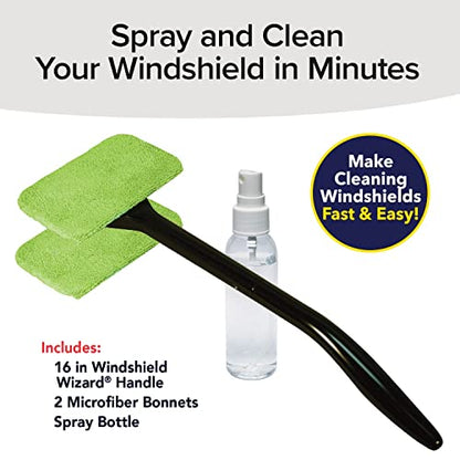 Windshield Wizard Cleaning Tool, AS-SEEN-ON-TV, Cleans Windshields Without Reaching, Microfiber Window Cleaning Device w/Extra Bonnet & Spray Bottle, Long Detachable 16” Handle, Fits in Glovebox
