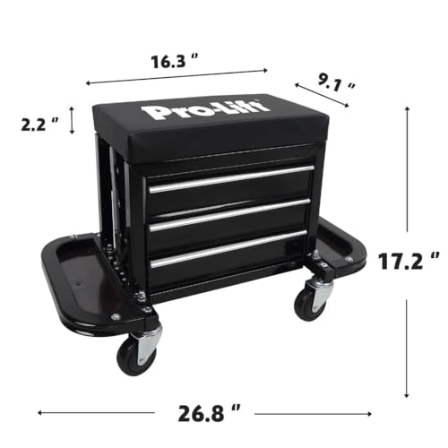 Pro-Lift Mechanic Roller Seat with Tool Box - 3-Drawer Rolling Tool Chest Stool with Padded Seat Cushion for Garage Creeper – 400 Lbs Capacity