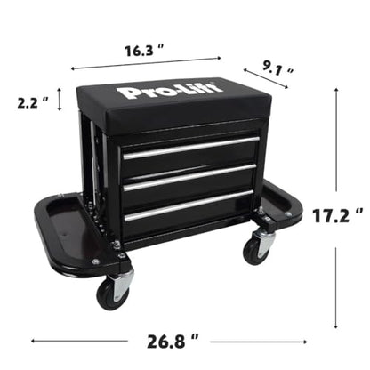 Pro-Lift Mechanic Roller Seat with Tool Box - 3-Drawer Rolling Tool Chest Stool with Padded Seat Cushion for Garage Creeper – 400 Lbs Capacity