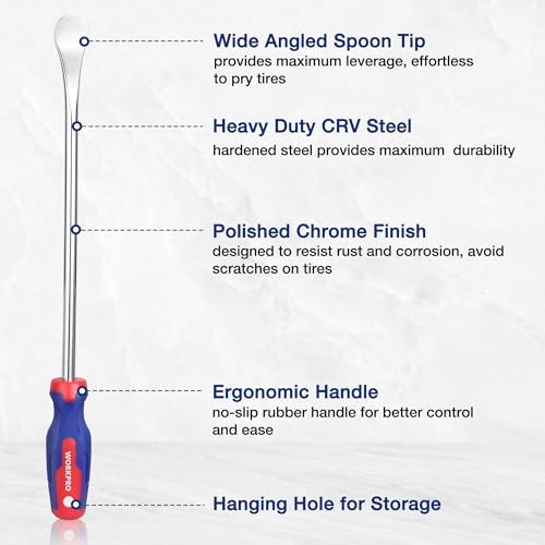 WORKPRO 14.5” Tire Spoons Set, 23-Piece Steel Tire Removal Tool Set | 3-Piece Tire Spoons, 3-Piece Rim Protectors, Valve Tool, 6-Piece Valve Cores, 10-Piece Valve Caps, Storage Bag, Tire Iron Set
