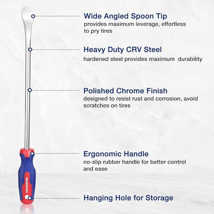 WORKPRO 14.5” Tire Spoons Set, 23-Piece Steel Tire Removal Tool Set | 3-Piece Tire Spoons, 3-Piece Rim Protectors, Valve Tool, 6-Piece Valve Cores, 10-Piece Valve Caps, Storage Bag, Tire Iron Set