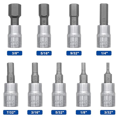 DAKCOS Hex Bit Socket Set, 9 Piece, 1/4 Inch Drive, Sizes 3/32"-3/8" - style: 9PC 3/32"-3/8"
