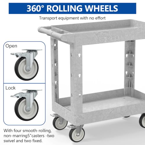 Large Garage Plastic Utility Cart, Heavy Duty 2 Shelf Tool Cart Service Cart Rolling Push Carts with Ergonomic Handle 5" Swivel Casters. - color: Gray, size: 34 x 17 Inch
