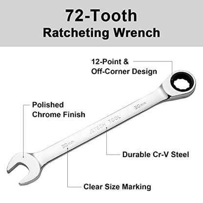 Jetech 30mm Ratchet Wrench, Ratcheting Combination Wrench Metric, Industrial Grade Gear Spanner with 12-Point Design, 72-Tooth Ratchet, Chrome Vanadium Steel for Heavy Duty & DIY Repair - size: 30mm
