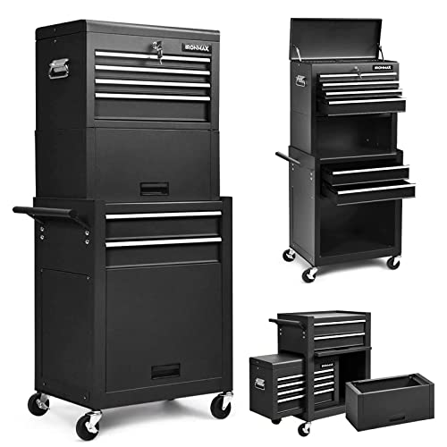 Goplus Tool Chest, 3-in-1 Rolling 6 Drawers Tool Cabinet with Detachable Top Toolbox, Middle Tool Storage, Universal Lockable Wheels, Protective Liner, Auto Lock, Metal Tool Box for Garage Workshop - color: Black, style: 6-Drawers with Middle Box