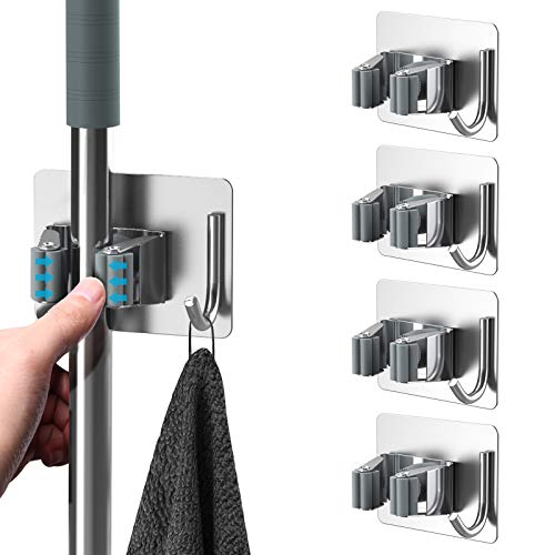 homeasy Mop Broom Holder No Drill, Mop Broom Organizer Wall Mounted Heavy Duty with Hooks Hanger, Self Adhesive Stainless Steel 4Pcs for Bathroom, Kitchen, Office (Silver) - color: Silver