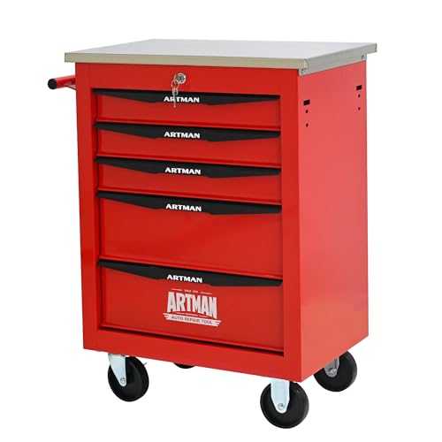 5 Drawers Tool Cart on Wheels with Stainless Steel Worktop, Heavy Duty Mobile Rolling Drawer Tool Chest with Locking Wheels & Lockable Drawers, Garage Tool Storage Cabinet (Red, 5 Drawers) - color: Red, size: 5 Drawers 22.2"Wx13.6"Dx30.7"H