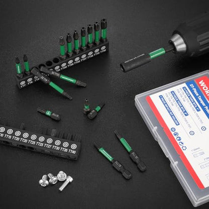 WORKPRO 27PCS 1"& 2" Magnetic Impact Torx Bit Set (TT7-TT40) | CNC Machined S2 Steel Security Tamper Proof Star Bits, Magnetic Tip, 1/4" Hex Shank, Long Bits with Extension & Storage Box - size: 1 in&2 in