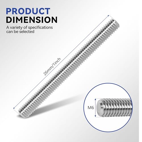 24 Pcs 304 Stainless Steel M6 Fully Threaded Rod,1"(26mm) Threaded Rod,Right Hand Threads，with Nuts (24, M6x26mm) - size: M6x26mm