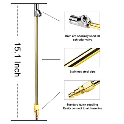 LUMITECO 2-Way Connection 13.8" Extended Air Chuck Set, 1/4 in FNPT Straight Foot Dual Head Tire Inflate Chuck with Standard Brass Quick Plug, Tire Air Compressor Fill Kit for Truck RV Dually Tires - size: 14'' - Solid Brass