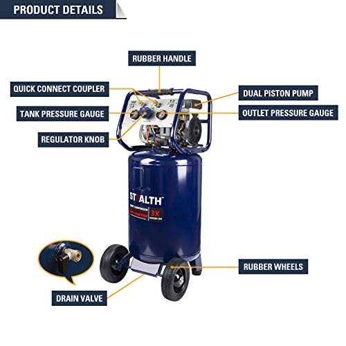 STEALTH 20 Gallon Air Compressor, Ultra Quiet, Oil-Free and Long Life Cycle,1.8 Hp Large Air Compressor with Rubber Wheels (Blue, SAQ-12018) - style: Electronic