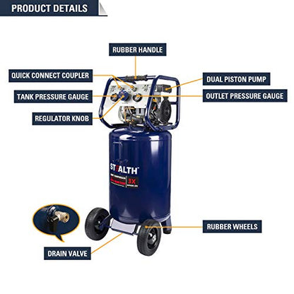 STEALTH 20 Gallon Air Compressor, Ultra Quiet, Oil-Free and Long Life Cycle,1.8 Hp Large Air Compressor with Rubber Wheels (Blue, SAQ-12018) - style: Electronic