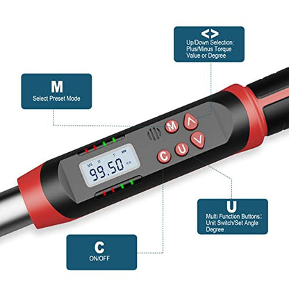 Leolee 3/8-Inch Drive Digital Torque Wrench with Angle, 5-99.5 Ft-Lb | 6.8-135Nm, ±2% Accuracy, Preset Value, Data Storage, Buzzer, LED Flash Notification, for Automotive, Motorcycle Engine Repair - size: 5-99.5Ft.lb/6.8-135Nm (3/8 Inch), style: 3/8-Inch