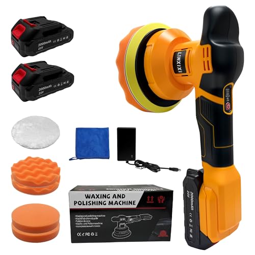 Cordless Buffer Polisher with 2 x 2000mAh Batteries, 6 Inch Car Polisher with 3 Variable Speed, Portable Orbital Buffers and Polishers Kit for Car Detailing, Waxing, Polishing - color: Yellow & Black