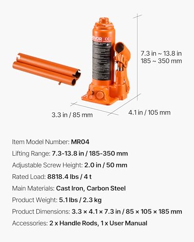 VEVOR Hydraulic Bottle Jack, 4 Ton (8818.4 lbs) Capacity, 7.3-13.8 Inch Lifting Range, Heavy Duty Welded Bottle Jack for Car, SUV, Pickup, Auto Repair, House Lift and Agricultural Equipment, Orange - size: 4T