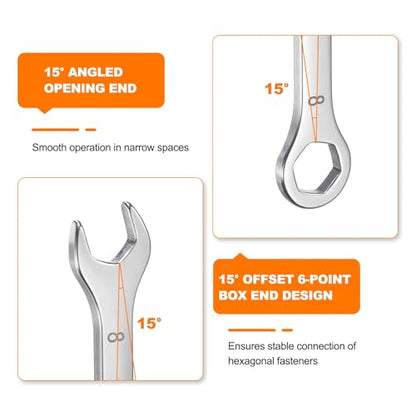 HARFINGTON Thin Combination Wrench Set 4/4.5/5/5.5/6/7/8/9/10/11mm Offset 6-Point Ended Box and 15°Angled Open End Mini Combination Wrench 30Cr13 Metric Spanner with for Auto Repairs