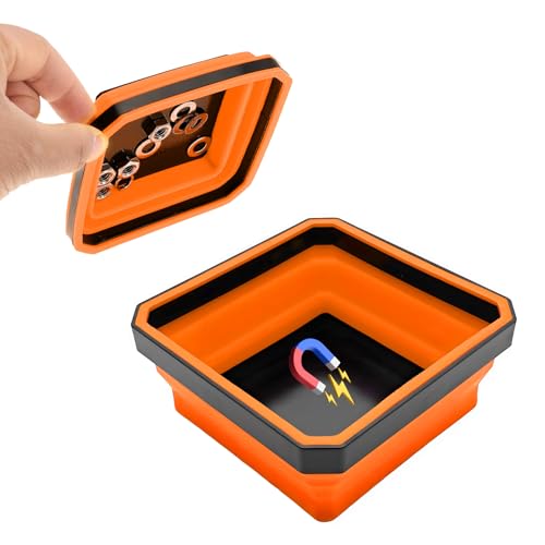 Yourkar Collapsible Magnetic Parts Tray, 4.5 Inch Foldable Magnetic Square Silicone Tray, Tool Tray Set with Double-Sided Magnetic Base for Screw Bolts Nuts Pins, Car Accessories (Orange) - color: Orange, 1 PCS