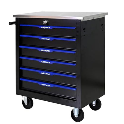 6 Drawer Heavy Duty Rolling Tool Chest, Mobile Metal Lockable Tool Cart with Stainless Steel Worktop, Garage Tool Storage Cabinet for Workshop Auto Repair, Black & Blue, 30.7" H × 25.9" W - size: 6 Drawers
