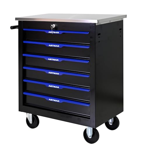 6 Drawer Heavy Duty Rolling Tool Chest, Mobile Metal Lockable Tool Cart with Stainless Steel Worktop, Garage Tool Storage Cabinet for Workshop Auto Repair, Black & Blue, 30.7" H × 25.9" W - size: 6 Drawers