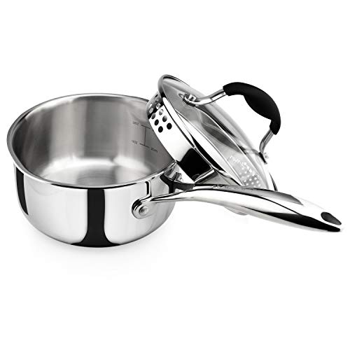 AVACRAFT Tri-Ply Stainless Steel Saucepan with Glass Strainer Lid, Two Side Spouts, Ergonomic Handle, Multipurpose Sauce Pan with Lid, Sauce Pot, Cooking Pot (Tri-Ply Full Body, 1.5 Quart) - size: 1.5 Quarts