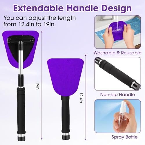 Purple Windshield Cleaner Tool, Car Interior Cleaning Kit with Extendable Handle and 3 Reusable Microfiber Pads, Auto Glass Wiper and Detailing Brush Kit for Car & Home Window - color: Purple