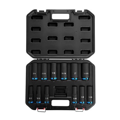 BLACK CANYON 12-Piece 1/2" Drive Deep Impact Socket Set, SAE 6-Point Sockets, Cr-Mo Impact Grade Steel, Heavy-Duty Storage Case for Automotive, Truck & Equipment Repair - size: 12 Piece