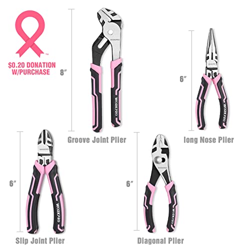 WORKPRO 4-Piece Pliers Set | Premium CR-V Construction Pliers Tool Sets Including Long Nose, Diagonal Cutting, Groove Joint and Slip Joint Pliers - color: Pink