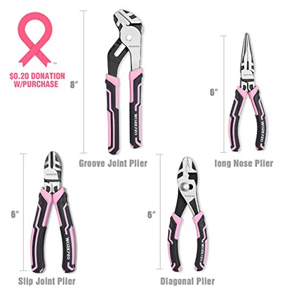 WORKPRO 4-Piece Pliers Set | Premium CR-V Construction Pliers Tool Sets Including Long Nose, Diagonal Cutting, Groove Joint and Slip Joint Pliers - color: Pink