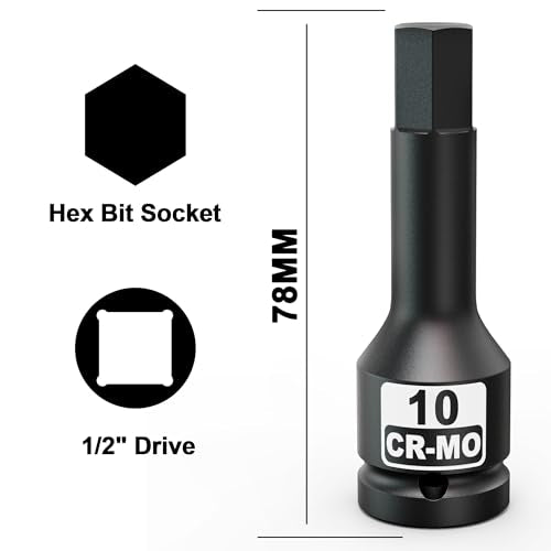 1/2" Drive 10 mm Hex Impact Bit Socket, H10 Allen Bit Socket, Metric, Cr-Mo Steel, Automotive Repair Industrial Maintenance and DIY Enthusiasts Alike - size: 1/2 Inch H10 Deep