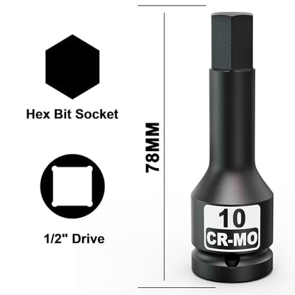 1/2" Drive 10 mm Hex Impact Bit Socket, H10 Allen Bit Socket, Metric, Cr-Mo Steel, Automotive Repair Industrial Maintenance and DIY Enthusiasts Alike - size: 1/2 Inch H10 Deep