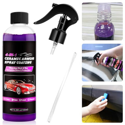 4-in-1 Ceramic Coating for Vehicles, Quick Shine Wax Formula with Water Beading Protection, Easy Wipe-On Detailing Solution for Glossy Smooth Finish, 3.38 Fl Oz