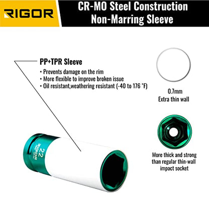 RIGOR 11506 22mm Non-Marring Lug Nut Socket | Wheel Protector Impact Socket | 1/2" Drive, 6 Point, CR-MO, Metric - size: 22mm