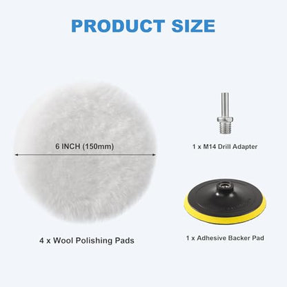 S SATC Wool Polishing Buffing Pad Car Buffer Polisher Pads Kit with 4PCS 6 Inch Buffing Pad M14 Drill Adapter and Hook and Loop Back, Drill Polisher Attachment for Car Polishing, Waxing - size: 6 Inches-6PCS