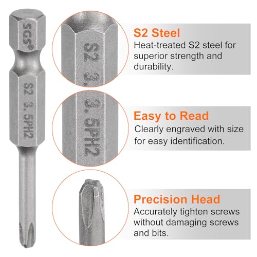HARFINGTON 5pcs #2 Phillips Screwdriver Bit PH2 1/4" Hex Shank 2" (50mm) Long Magnetic S2 Steel Industrial Grade Screw Driver Bit Cross Head Electric Drill Bits 0.138" (3.5mm) Rod - size: PH2 x 50mm x 3.5mm
