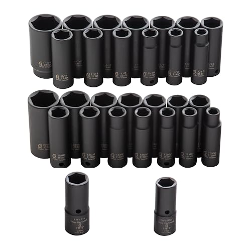SUNEX TOOLS 5153DD, 1/2 Inch Drive Master Impact Socket Set, Double Deep, 29-Piece, SAE/Metric, 7/16"-1-1/4", 10mm-27mm, Cr-Mo Steel, Radius Corner Design, Dual Size Markings, Heavy Duty Storage Case