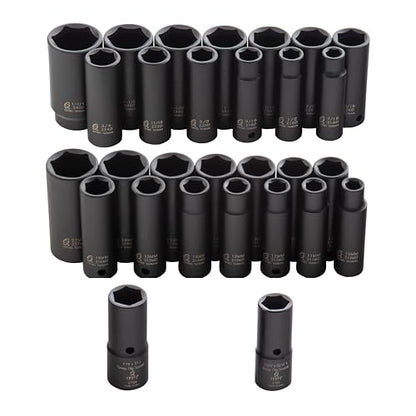 SUNEX TOOLS 5153DD, 1/2 Inch Drive Master Impact Socket Set, Double Deep, 29-Piece, SAE/Metric, 7/16"-1-1/4", 10mm-27mm, Cr-Mo Steel, Radius Corner Design, Dual Size Markings, Heavy Duty Storage Case