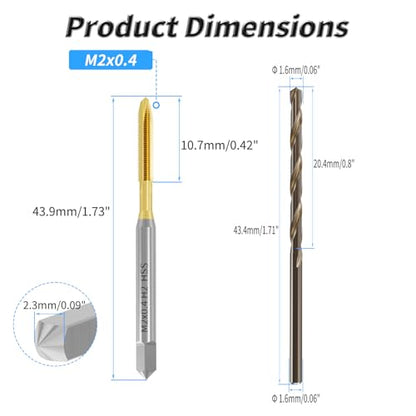 Tap and Drill Bit Set, M2x0.4 Tap + 1.6mm Drill, Titanium Coated | For M2x0.4 Thread Tapping and Drilling, Ti Coated Tap and Twist Drill Combo for Industrial Mechanics Metalworking - size: M2*0.4 + 1.6mm