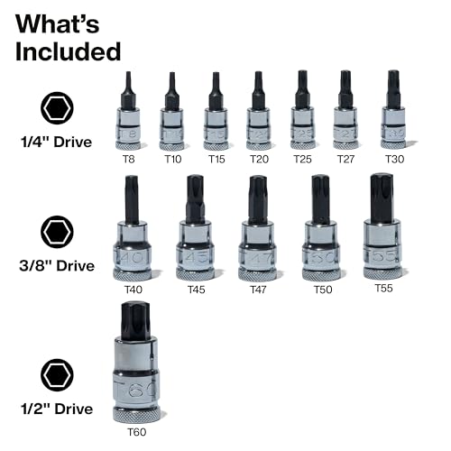 Klein Tools 65213TX Knurled TORX Bit Socket Set, T8 toT60, 1/4, 3/8 and 1/2-Inch Drives, Premium Cr-V Steel, MODBox Case, 13-Piece - style: TORX