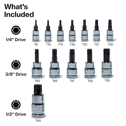 Klein Tools 65213TX Knurled TORX Bit Socket Set, T8 toT60, 1/4, 3/8 and 1/2-Inch Drives, Premium Cr-V Steel, MODBox Case, 13-Piece - style: TORX