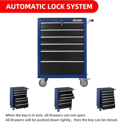 6-Drawer Rolling Tool Chest with Locking Wheels & Drawers, 13" D x 24.2" W x 36.6" H Mobile Tool Storage Cabinet, Heavy-Duty Garage Organizer w/Ergonomic Handle - color: Blue