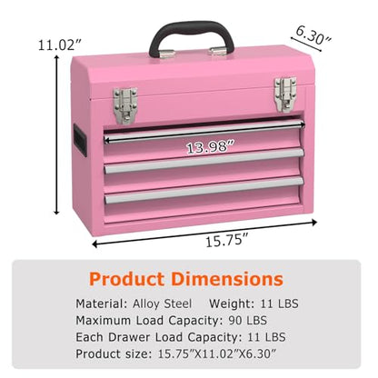 Portable Metal Tool Box with Drawers, Latches Tool Box with EVC Liners for Garage, Home and Workbench (Pink) - color: Pink