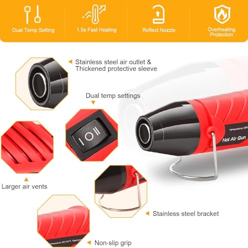 LDK Heat Gun for Crafting, Mini Dual Temp Hot Air Gun Tool | with Reflector Nozzle for Epoxy Resin, Shrink Wrapping, Vinyl Wrap, Embossing, Electronics, Candle Making, Phone Repair & DIY - color: Red