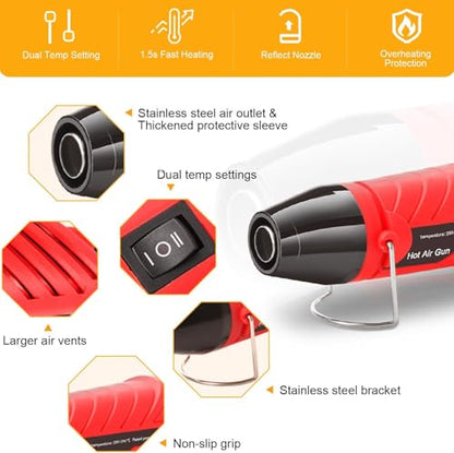 LDK Heat Gun for Crafting, Mini Dual Temp Hot Air Gun Tool | with Reflector Nozzle for Epoxy Resin, Shrink Wrapping, Vinyl Wrap, Embossing, Electronics, Candle Making, Phone Repair & DIY - color: Red
