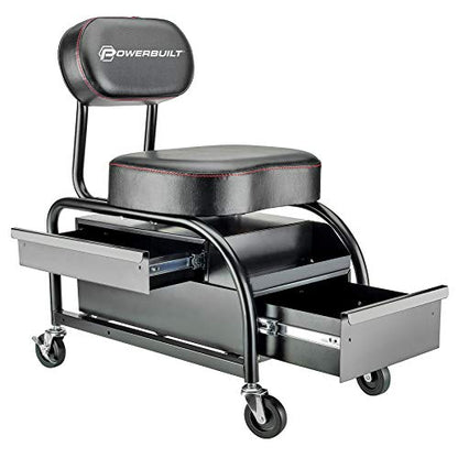 Powerbuilt Professional Car Detailers Mechanics Roller Seat, Heavy Duty Garage Stool with Thick Padded Seat and Backrest, 2 Sliding Storage Drawers, Tool Tray, Can Holders, 3in. Swivel Casters–240299 - style: Heavy Duty