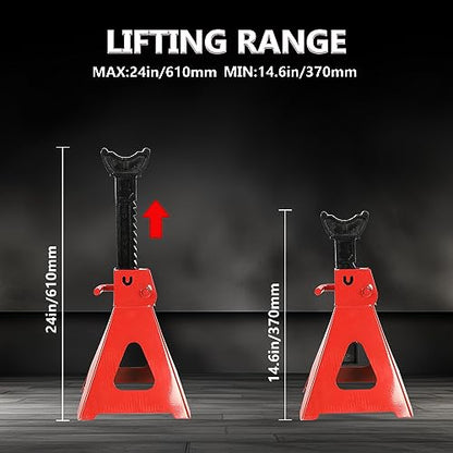 6 Ton (12,000 LBS) Automotive Jack Stands | Adjustable Height 14.6"- 24", Heavy Duty Steel Car Lifting Stand for Garages, Repair Shops, Red, 1 Pair