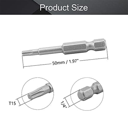 Utoolmart 10Pcs Torx Screwdriver Bits, T15 Magnetic with 1/4 Inch Hex Shank, S2 Steel Screwdriver Kit Tools for Repair Work, Length: 50mm - size: T15