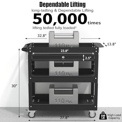 3-Tier Rolling Utility Cart, Metal Tool Cart on Wheels with Lockable-Black | 330 lb. Load Capability Heavy Duty Tool Cart with Drawers, Mechanic Tool Cart for Garage, Warehouse, Repair Shop - color: Black