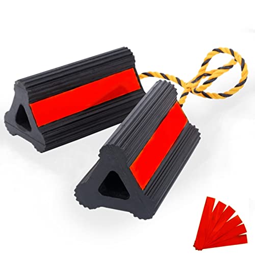 Wheel Chocks Rubber Heavy Duty Trailer Wheel Chocks with Red Reflective Visibility Tape and Yellow Nylon Rope 8.27" x 4.53" x 3.94" (Comes with Spare Red Reflective Strip) - color: RED