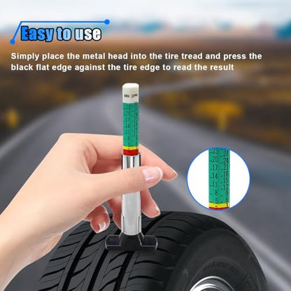 2PCS Car Tire Tread Depth Gauge Kit, Tire Thread Depth Meter Tool Color Coded with Portable Bag and 2 Valve Caps, 1'' Within 1/32 Inch Accuracy, Universal Car Accessories for Car, Truck, SUV