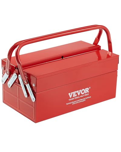 VEVOR Metal Tool Box, 14-inch, 2-Tier 3-Tray Portable Folding Tool Chest Organizer with Handle & Lock Hole, Powder Coated Steel, Cantilever Toolbox for Household Factory Warehouse Repair Shop, Red - style: 2 Tier-3 Tray